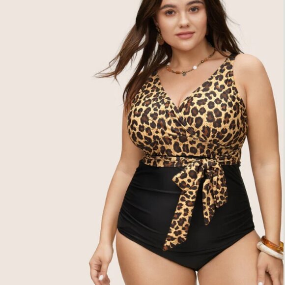 BloomChic Plus Size 2XL Leopard Patchwork Bowknot Side One Piece Swimsuit - Picture 1 of 7